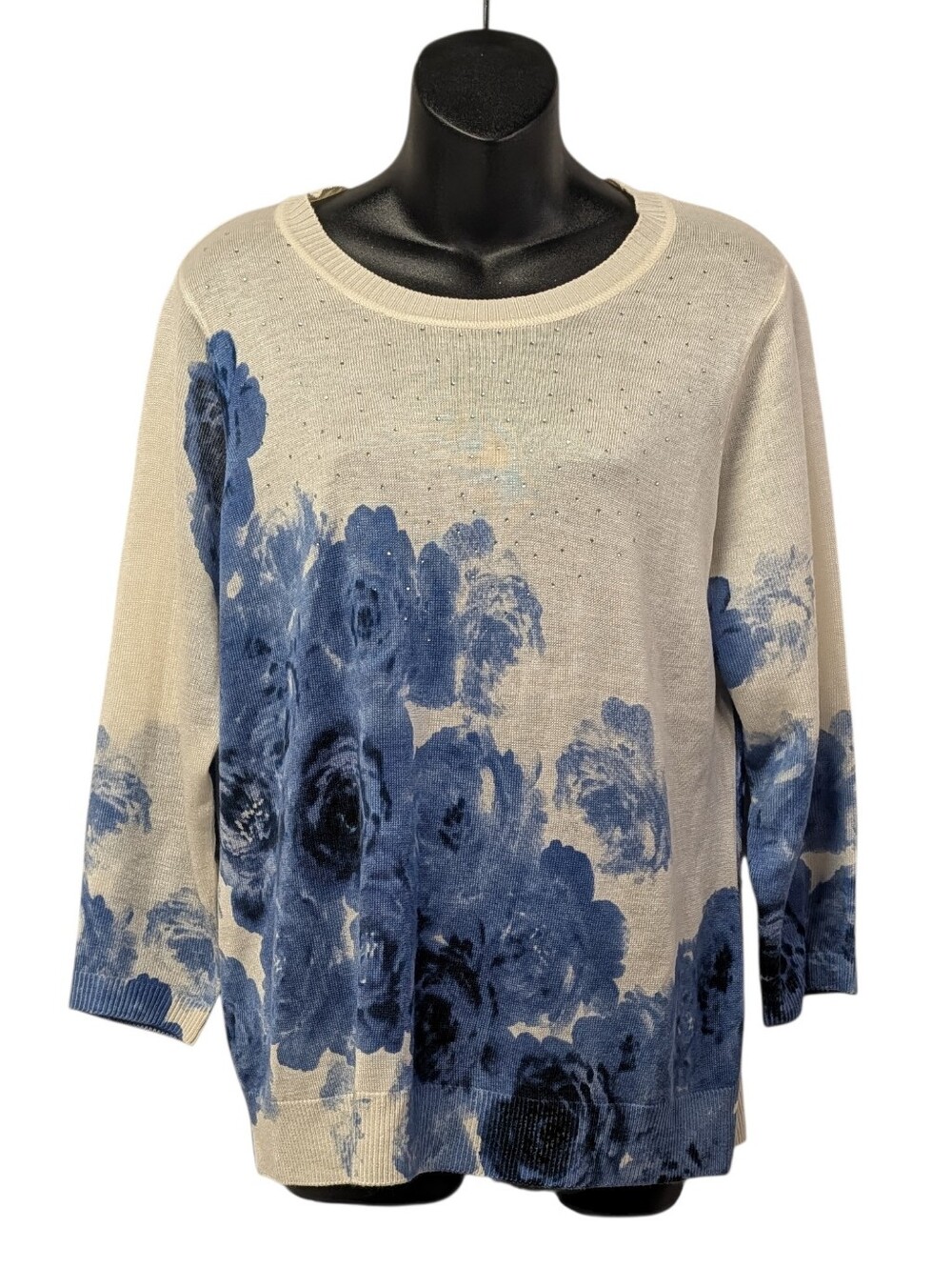 Cathy Daniels Womens Beige Blue Floral Studded Knit Crew Pullover Sweater L